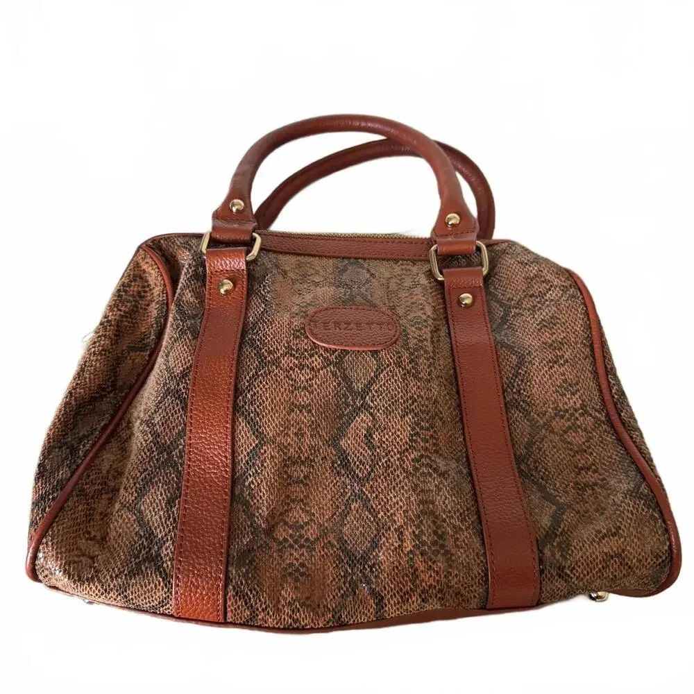 Terzetto Genuine Leather Zipper Satchel Bag, Crossbody Strap,‎ Snakeskin Pattern